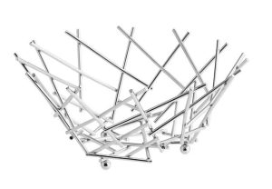 Foldable chrome wire drying rack expanded on a white background with small wheels visible underneath