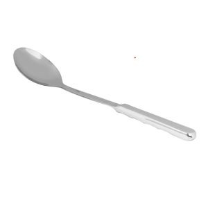 Stainless steel spoon angled diagonally on a white background.