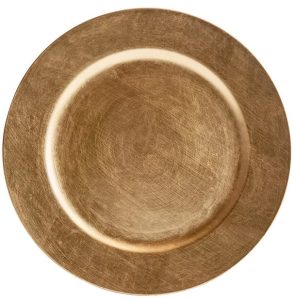 Top view of a circular brushed brass plate with a raised inner rim