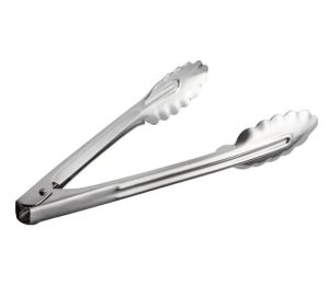 Stainless steel kitchen tongs with scalloped ends for gripping food on a white background