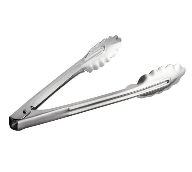 Stainless steel kitchen tongs with scalloped ends for gripping food on a white background
