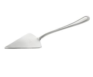 Stainless steel pie server with a serrated edge and polished handle, used to lift and slice pie or cake pieces.