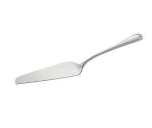 Stainless steel cake server with a flat, triangular blade and curved decorative handle