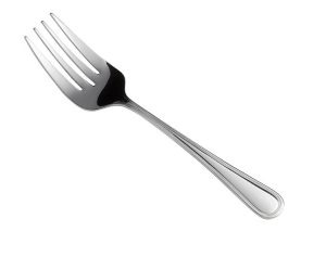 Stainless steel dining fork on a white background, angled diagonally.